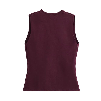 Elena - Button-Detail Sleeveless Vest – Structured Layering Style-Vest-Burgundy-XS-Auvien & Co