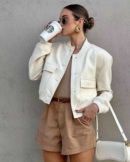 Maven - Women's Cropped Bomber Jacket Stylish and Versatile Design-Bomber Jackets-Oatmilk-S-Auvien & Co