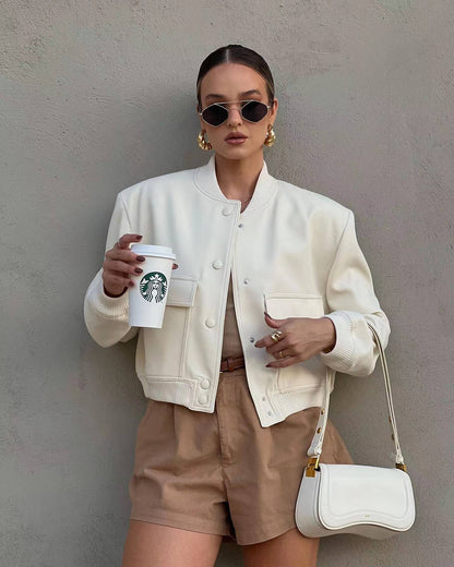 Maven - Women's Cropped Bomber Jacket Stylish and Versatile Design-Bomber Jackets-Oatmilk-S-Auvien & Co