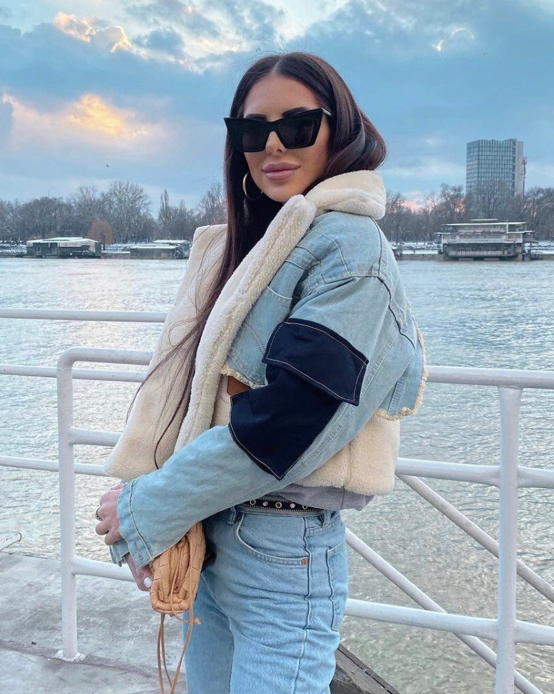 Sophia - Women's Denim Jacket with Cozy Shearling and Suede-Denim Jackets-Blue-S-Auvien & Co